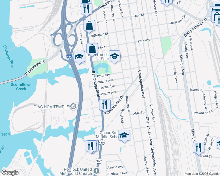 map of restaurants, bars, coffee shops, grocery stores, and more near 840 Orville Avenue in Chesapeake