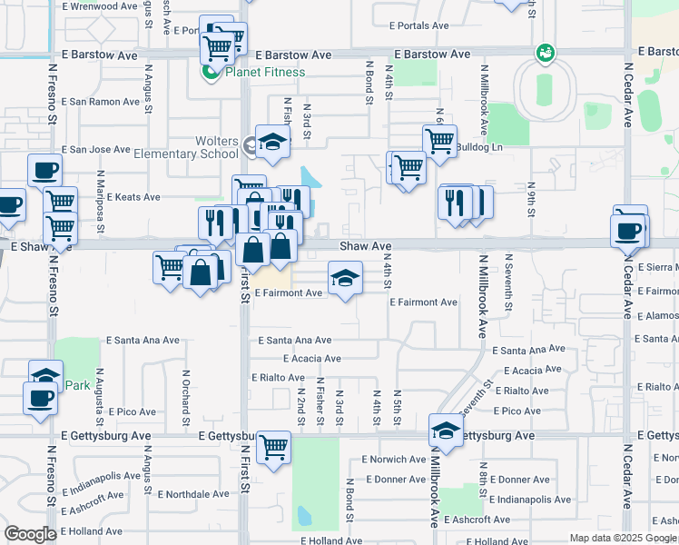 map of restaurants, bars, coffee shops, grocery stores, and more near 3357 East Fairmont Avenue in Fresno
