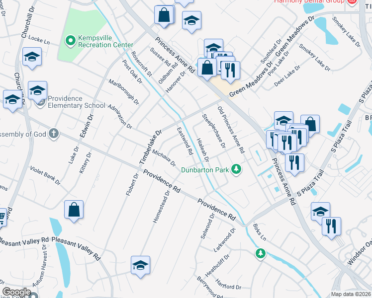 map of restaurants, bars, coffee shops, grocery stores, and more near 4736 Eastwind Road in Virginia Beach