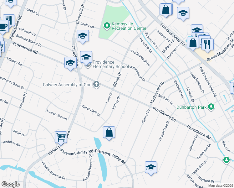 map of restaurants, bars, coffee shops, grocery stores, and more near 1104 Kittery Drive in Virginia Beach
