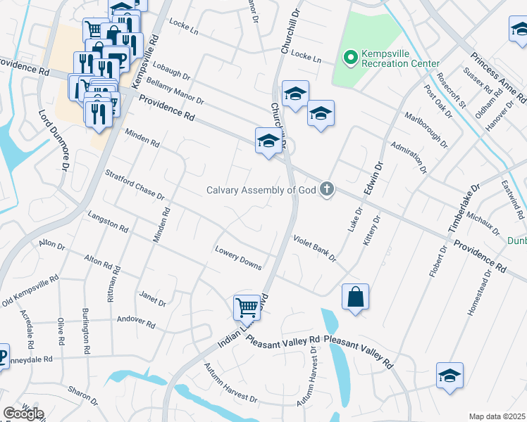 map of restaurants, bars, coffee shops, grocery stores, and more near 5208 Foxboro Landing in Virginia Beach