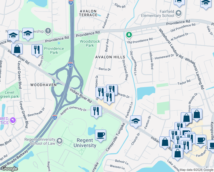 map of restaurants, bars, coffee shops, grocery stores, and more near 5640 Woodruff Circle in Virginia Beach