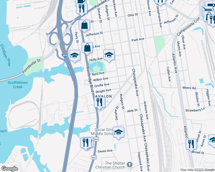 map of restaurants, bars, coffee shops, grocery stores, and more near 840 Wright Avenue in Chesapeake