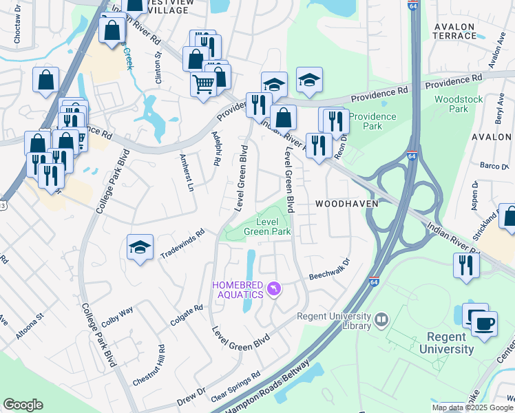map of restaurants, bars, coffee shops, grocery stores, and more near 1064 Commonwealth Place in Virginia Beach