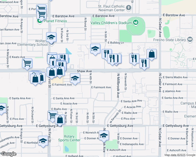 map of restaurants, bars, coffee shops, grocery stores, and more near 1333 E Shaw Ave in Fresno