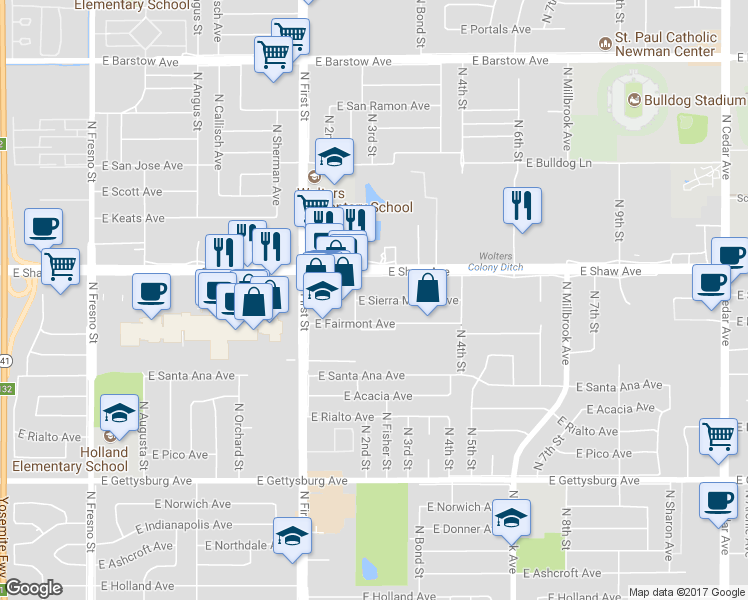 map of restaurants, bars, coffee shops, grocery stores, and more near 3315 E Sierra Madre Ave in Fresno
