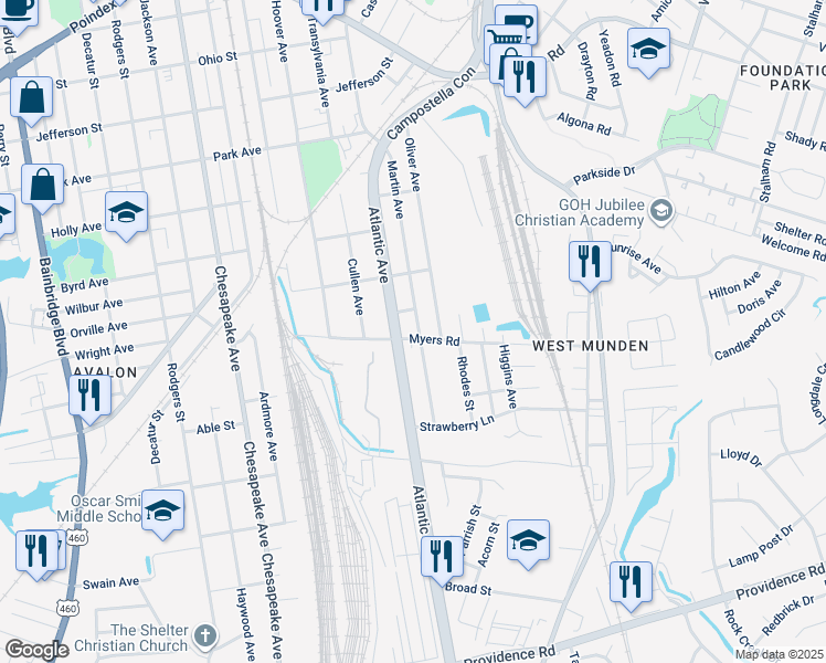 map of restaurants, bars, coffee shops, grocery stores, and more near 1941 Martin Avenue in Chesapeake