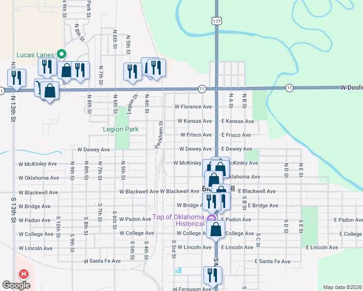 map of restaurants, bars, coffee shops, grocery stores, and more near 321 North 2nd Street in Blackwell