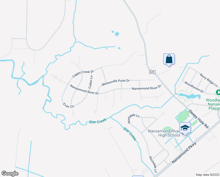 map of restaurants, bars, coffee shops, grocery stores, and more near 3340 Nansemond River Drive in Suffolk