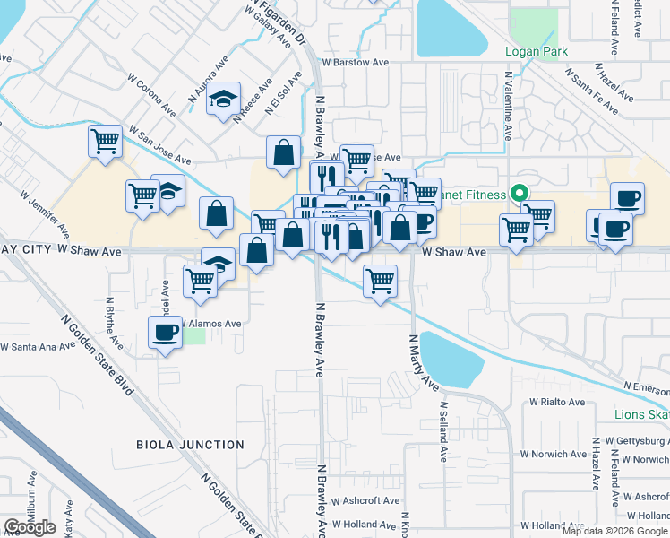 map of restaurants, bars, coffee shops, grocery stores, and more near 4603 N Brawley Ave in Fresno