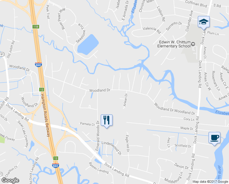 map of restaurants, bars, coffee shops, grocery stores, and more near 4237 Woodland Drive in Chesapeake