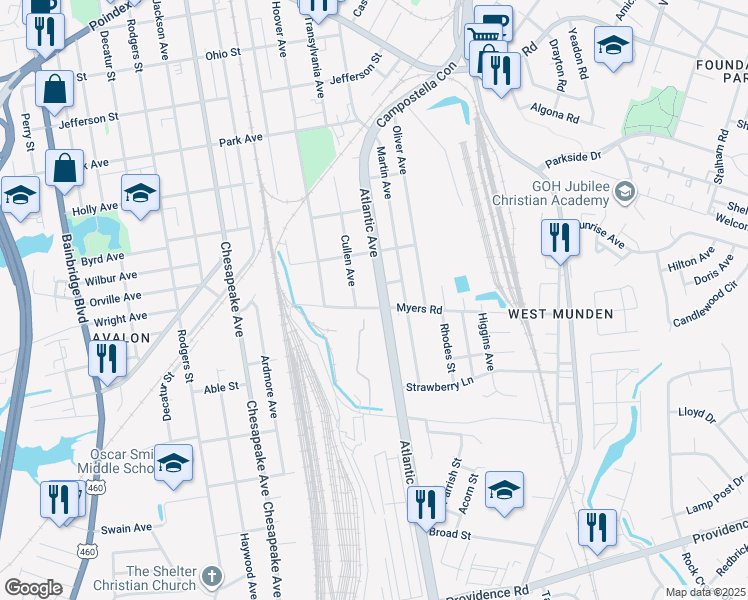 map of restaurants, bars, coffee shops, grocery stores, and more near 1541 Atlantic Avenue in Chesapeake
