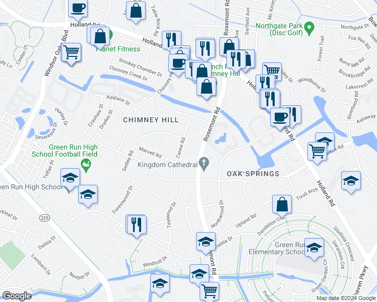 map of restaurants, bars, coffee shops, grocery stores, and more near 3508 Hoby Court in Virginia Beach
