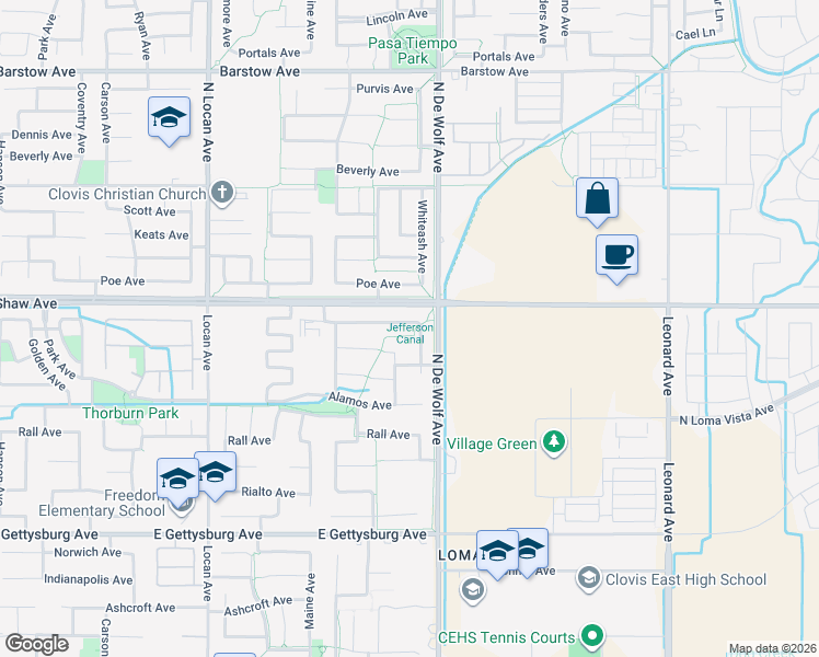 map of restaurants, bars, coffee shops, grocery stores, and more near 2117 Graybark Avenue in Clovis