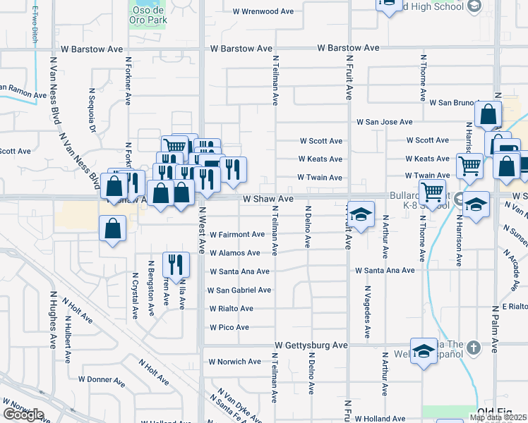 map of restaurants, bars, coffee shops, grocery stores, and more near 949 West Sierra Madre Avenue in Fresno