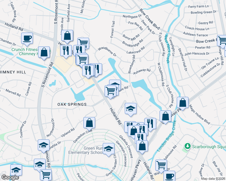 map of restaurants, bars, coffee shops, grocery stores, and more near 3420 Holland Road in Virginia Beach