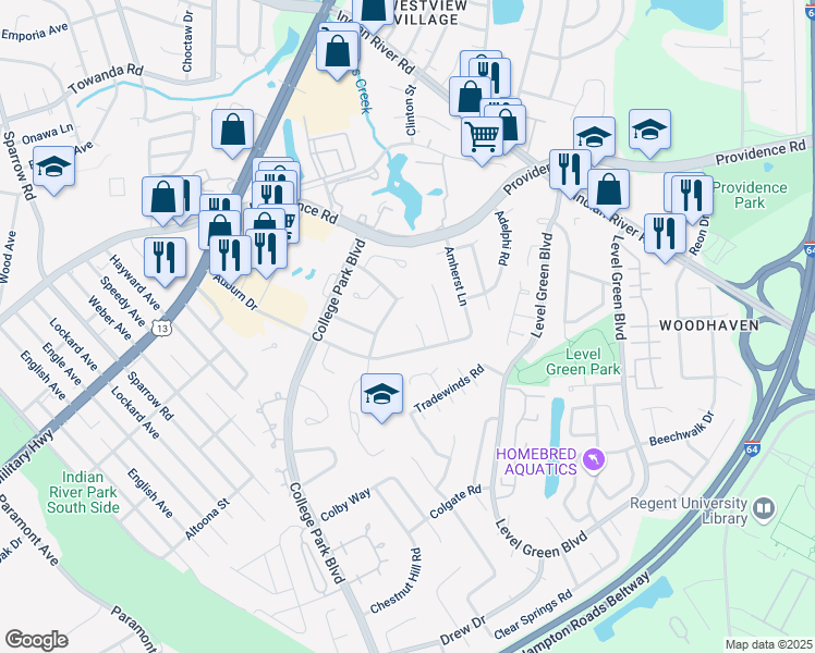 map of restaurants, bars, coffee shops, grocery stores, and more near 1013 Bates Way in Virginia Beach