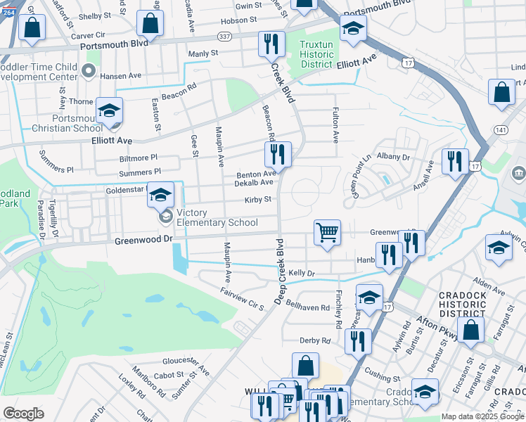 map of restaurants, bars, coffee shops, grocery stores, and more near 10 Appomattox Avenue in Portsmouth