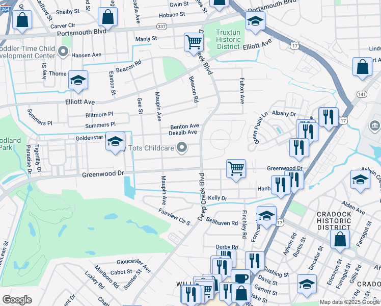 map of restaurants, bars, coffee shops, grocery stores, and more near 10 Appomattox Avenue in Portsmouth