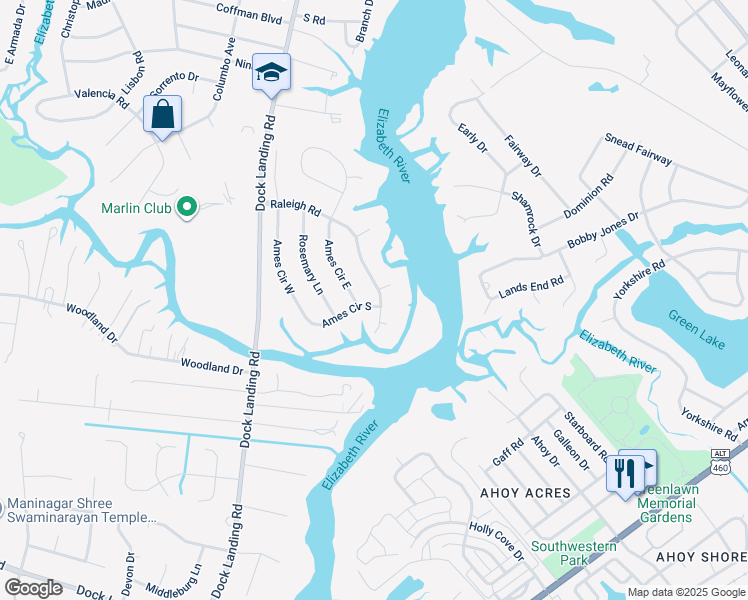map of restaurants, bars, coffee shops, grocery stores, and more near 4272 Raleigh Road in Chesapeake