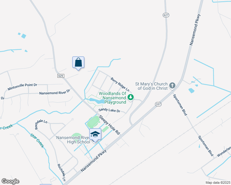 map of restaurants, bars, coffee shops, grocery stores, and more near 106 Cottondale Place in Suffolk