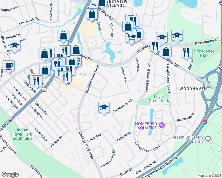 map of restaurants, bars, coffee shops, grocery stores, and more near 1013 Bates Way in Virginia Beach