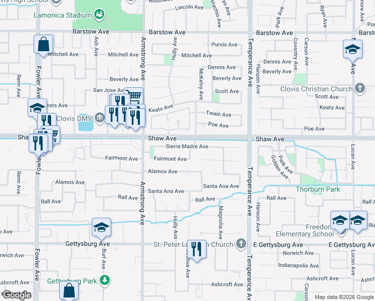 map of restaurants, bars, coffee shops, grocery stores, and more near 2053 Joshua Avenue in Clovis