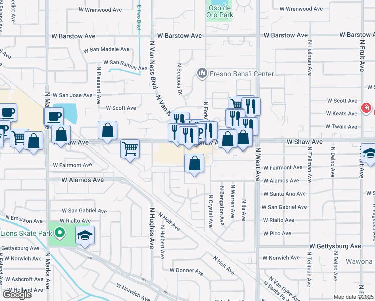 map of restaurants, bars, coffee shops, grocery stores, and more near 2257 West Shaw Avenue in Fresno
