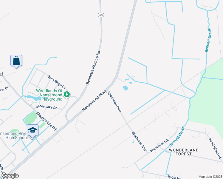 map of restaurants, bars, coffee shops, grocery stores, and more near 3640 Nansemond Parkway in Suffolk