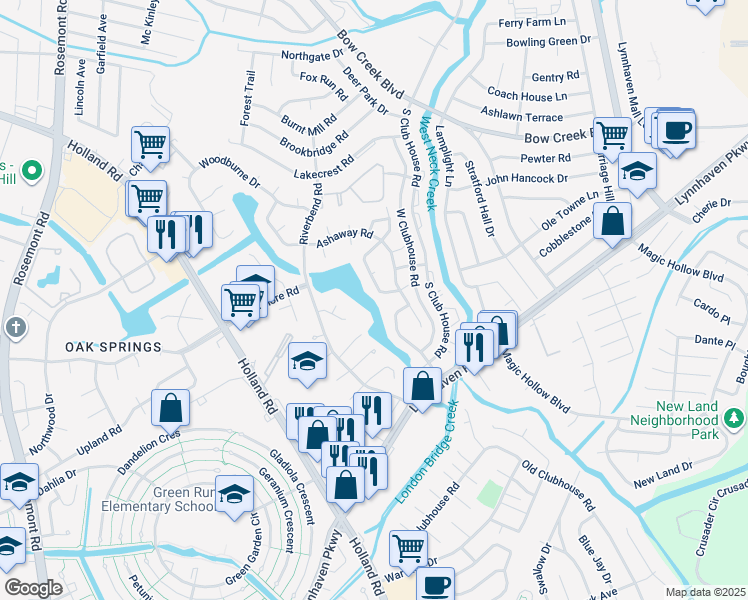 map of restaurants, bars, coffee shops, grocery stores, and more near 1069 Blue Spring Lane in Virginia Beach