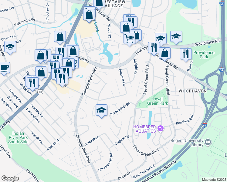 map of restaurants, bars, coffee shops, grocery stores, and more near 1008 Bates Way in Virginia Beach