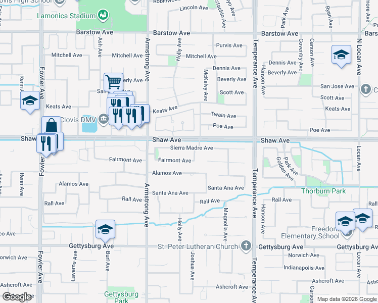 map of restaurants, bars, coffee shops, grocery stores, and more near 2312 Fairmont Avenue in Clovis