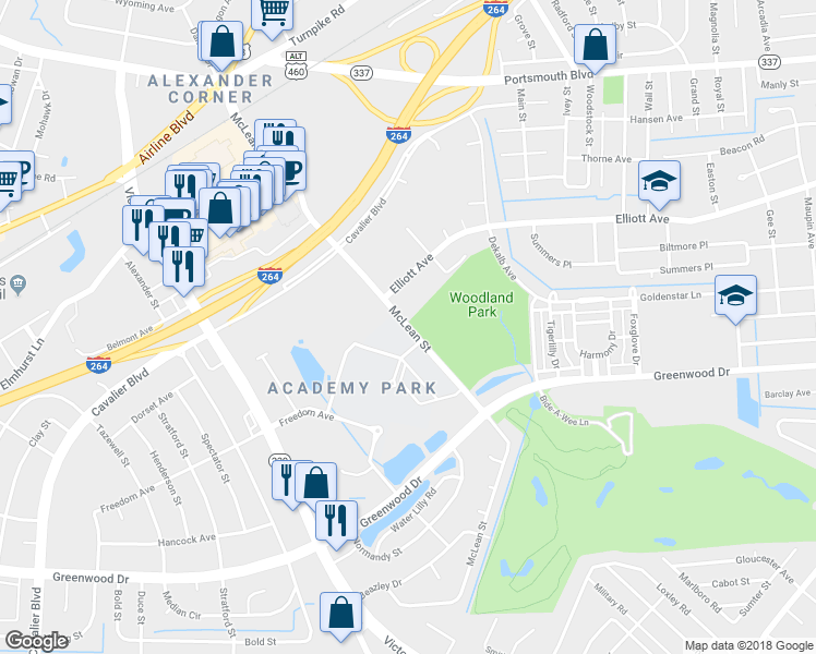 map of restaurants, bars, coffee shops, grocery stores, and more near 301 McLean Street in Portsmouth