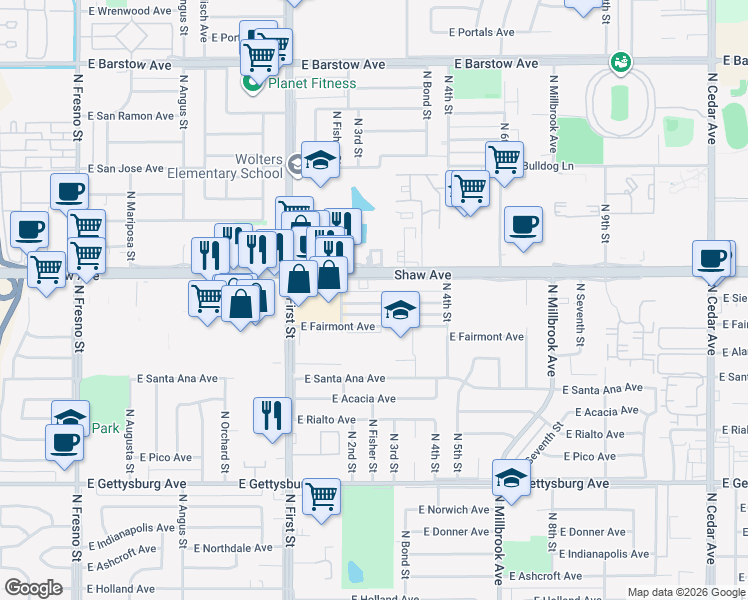 map of restaurants, bars, coffee shops, grocery stores, and more near 3331 East Sierra Madre Avenue in Fresno