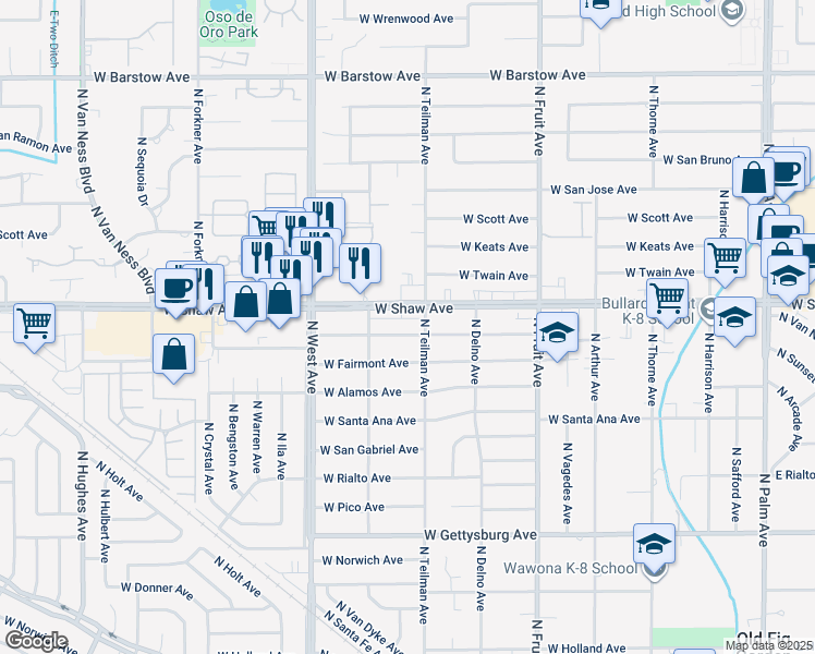 map of restaurants, bars, coffee shops, grocery stores, and more near 949 West Sierra Madre Avenue in Fresno