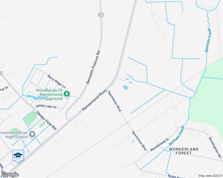 map of restaurants, bars, coffee shops, grocery stores, and more near 3640 Nansemond Parkway in Suffolk