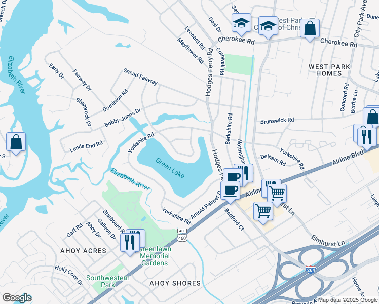 map of restaurants, bars, coffee shops, grocery stores, and more near 613 Chandler Harper Drive in Portsmouth