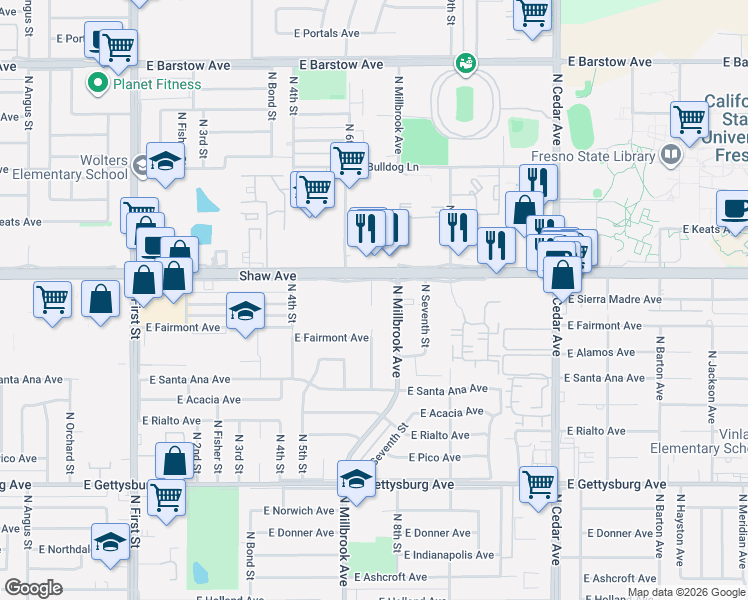 map of restaurants, bars, coffee shops, grocery stores, and more near 4914 North Gearhart Avenue in Fresno