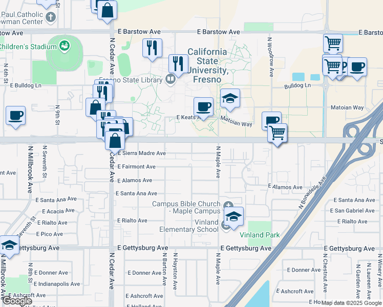 map of restaurants, bars, coffee shops, grocery stores, and more near N Jackson Ave & E Sierra Madre Ave in Fresno