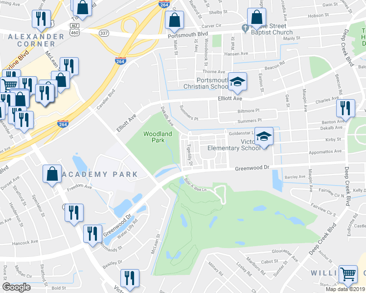 map of restaurants, bars, coffee shops, grocery stores, and more near 258 Paradise Drive in Portsmouth