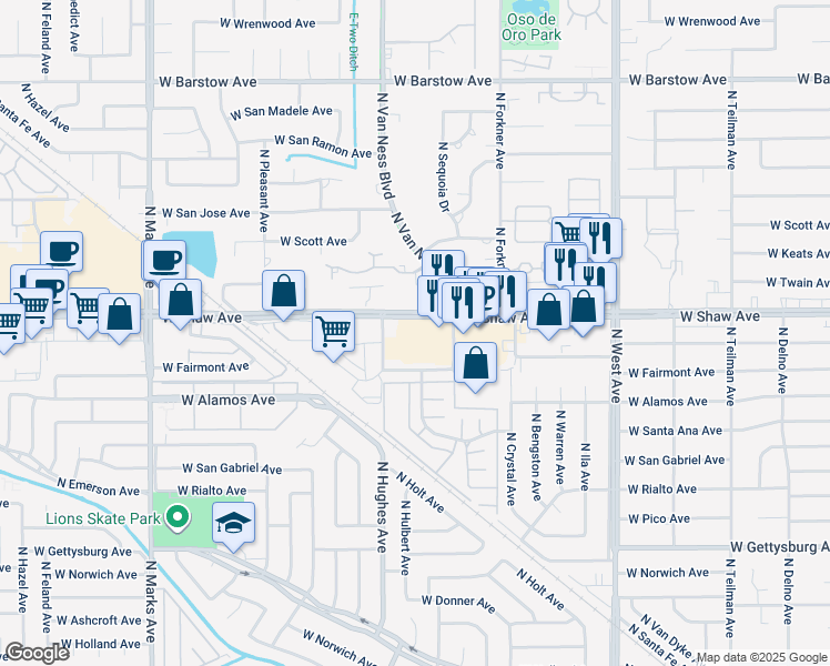 map of restaurants, bars, coffee shops, grocery stores, and more near in Fresno