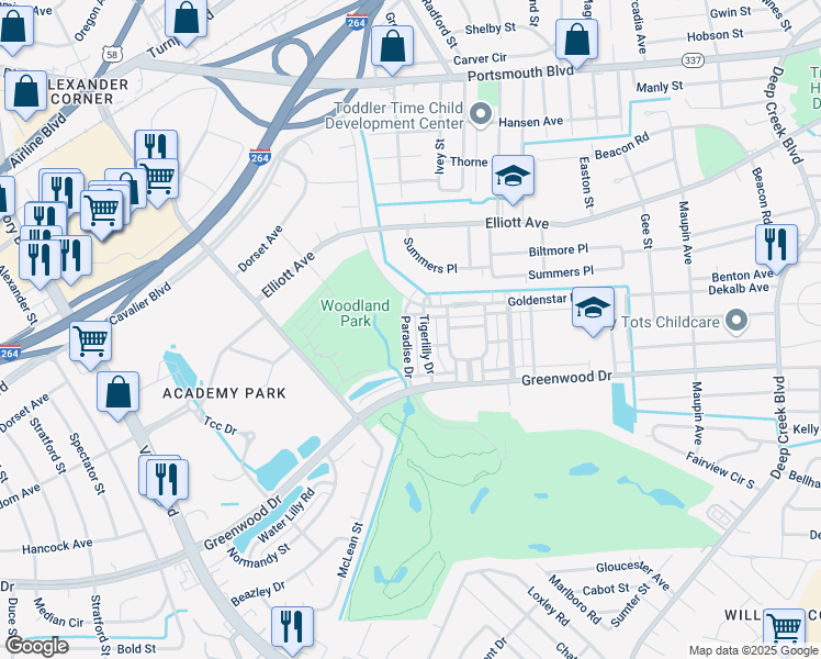 map of restaurants, bars, coffee shops, grocery stores, and more near 258 Paradise Drive in Portsmouth
