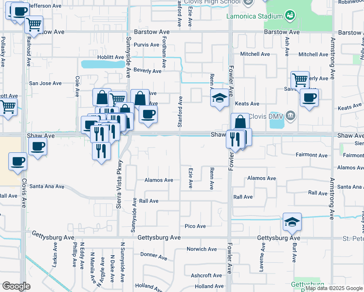 map of restaurants, bars, coffee shops, grocery stores, and more near 2152 Stanford Avenue in Clovis