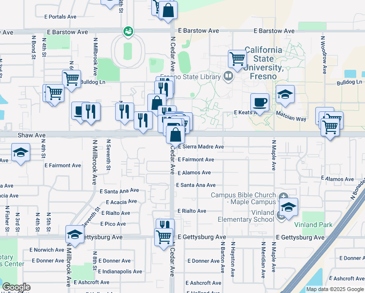 map of restaurants, bars, coffee shops, grocery stores, and more near 4904 North Cedar Avenue in Fresno