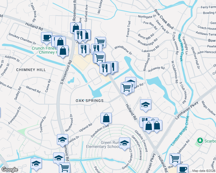 map of restaurants, bars, coffee shops, grocery stores, and more near 3725 Windridge Way in Virginia Beach