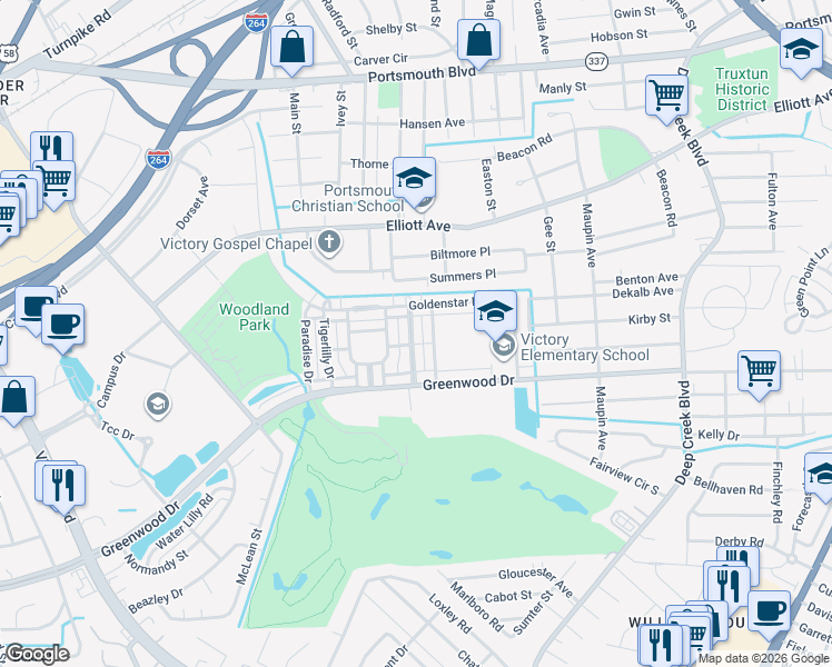 map of restaurants, bars, coffee shops, grocery stores, and more near 230 Foxglove Drive in Portsmouth
