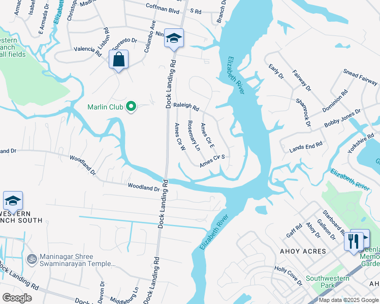 map of restaurants, bars, coffee shops, grocery stores, and more near 1884 Ames Circle West in Chesapeake