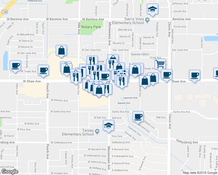 map of restaurants, bars, coffee shops, grocery stores, and more near 2150 Minnewawa Avenue in Clovis