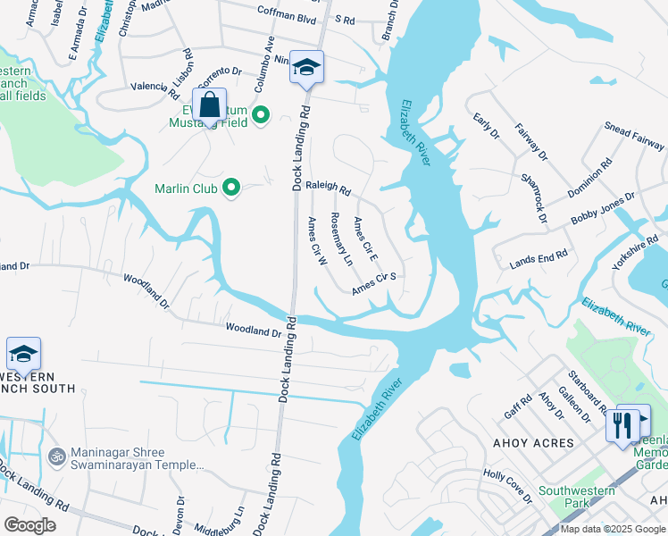 map of restaurants, bars, coffee shops, grocery stores, and more near 1884 Ames Circle West in Chesapeake