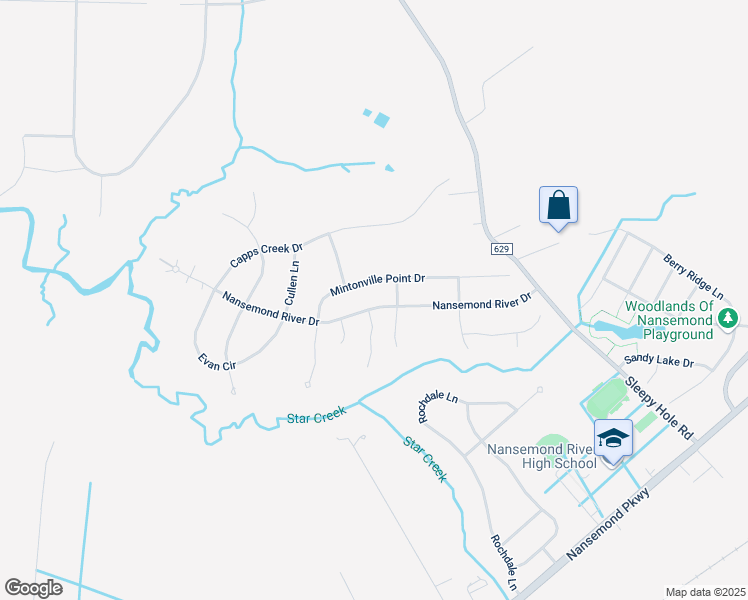 map of restaurants, bars, coffee shops, grocery stores, and more near 3336 Nansemond River Drive in Suffolk